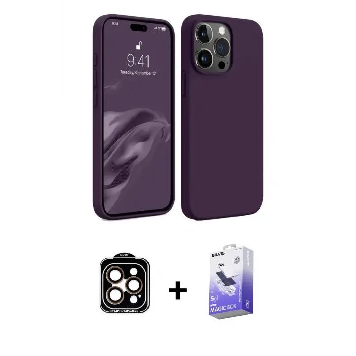 ieg™ iPhone 15 Pro Max Kılıf Kozmos Yansıma Özel Seri - Siyah Bilvis 5in1 5D Magic Hayalet Cam Ekran Koruyucu + PVD Metal Kamera Lens - TU