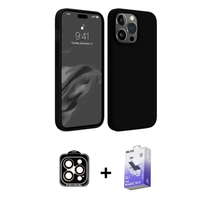 ieg™ iPhone 15 Pro Max Kılıf Kozmos Yansıma Özel Seri - Siyah Bilvis 5in1 5D Magic Hayalet Cam Ekran Koruyucu + PVD Metal Kamera Lens - TU