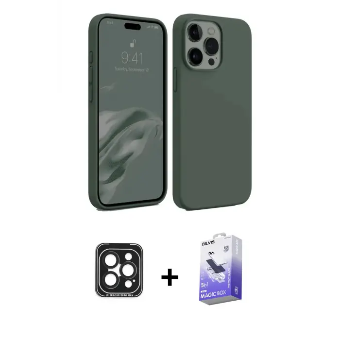 ieg™ iPhone 15 Pro Max Kılıf Kozmos Yansıma Özel Seri - Siyah Bilvis 5in1 5D Magic Hayalet Cam Ekran Koruyucu + PVD Metal Kamera Lens - SH