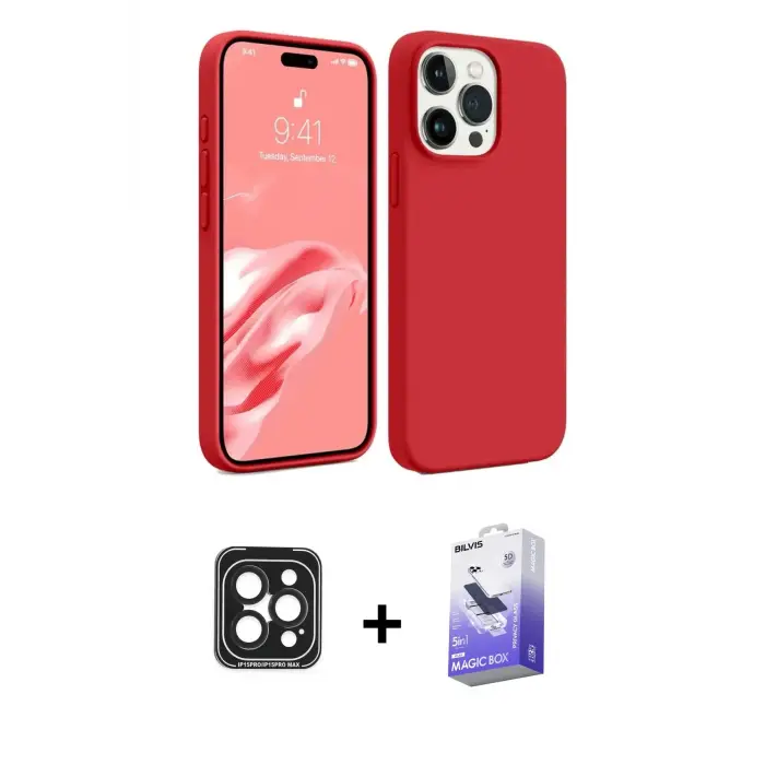 ieg™ iPhone 15 Pro Max Kılıf Kozmos Yansıma Özel Seri - Siyah Bilvis 5in1 5D Magic Hayalet Cam Ekran Koruyucu + PVD Metal Kamera Lens - SH