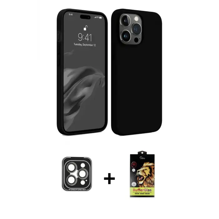 ieg™ iPhone 15 Pro Max Kılıf Kozmos Yansıma Özel Seri - Siyah Buffer Cam Ekran Koruyucu + PVD Metal Kamera Lens - GI