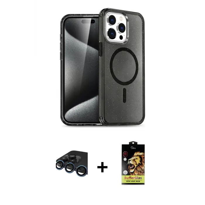ieg™ iPhone 15 Pro Max Kılıf Nova Asil Prime - Siyah Buffer Cam Ekran Koruyucu + Raze Metal Kamera Lens - LT