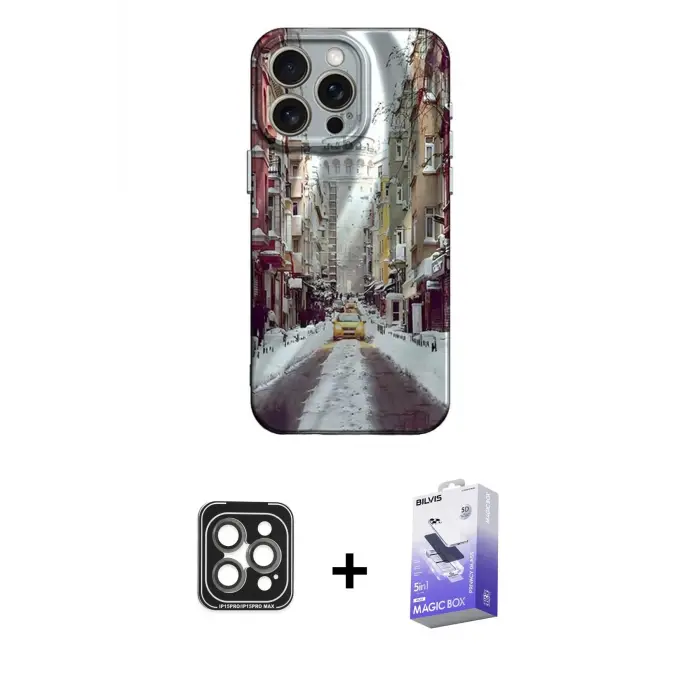 ieg™ iPhone 15 Pro Max Kılıf Nova Doku Prime - Siyah Bilvis 5in1 5D Magic Hayalet Cam Ekran Koruyucu + PVD Metal Kamera Lens - GI
