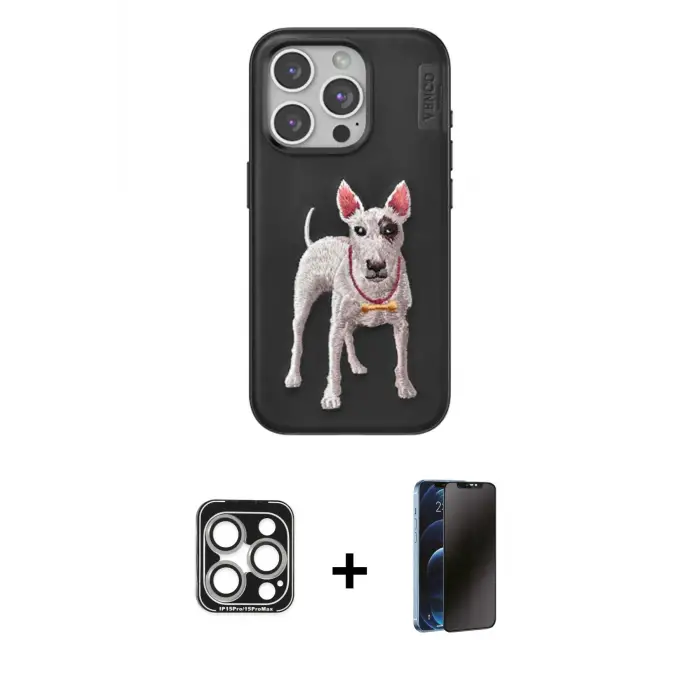 ieg™ iPhone 15 Pro Max Kılıf Nova Form Koleksiyonu - Siyah 3D Antistatik Hayalet Cam Ekran Koruyucu + PVD Metal Kamera Lens - GS