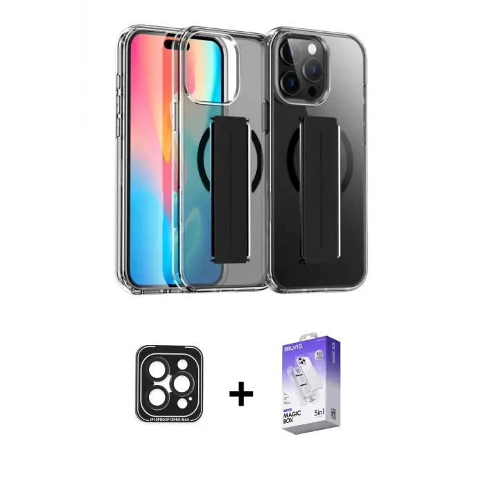 ieg™ iPhone 15 Pro Max Kılıf Nova Işık Koleksiyonu - Siyah Bilvis 5in1 3D Magic Cam Ekran Koruyucu + PVD Metal Kamera Lens - SH
