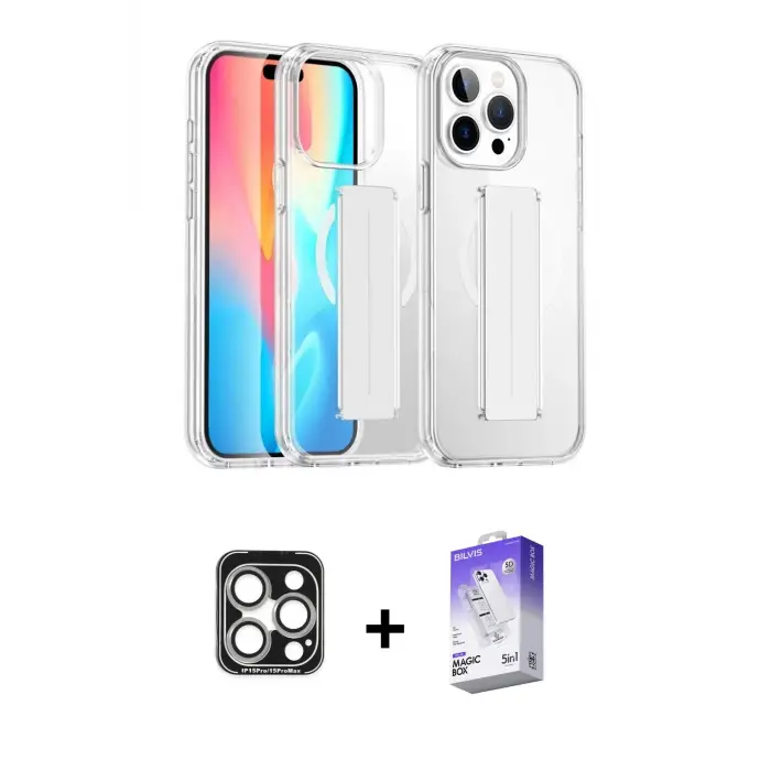 ieg™ iPhone 15 Pro Max Kılıf Nova Işık Koleksiyonu - Siyah Bilvis 5in1 3D Magic Cam Ekran Koruyucu + PVD Metal Kamera Lens - GS