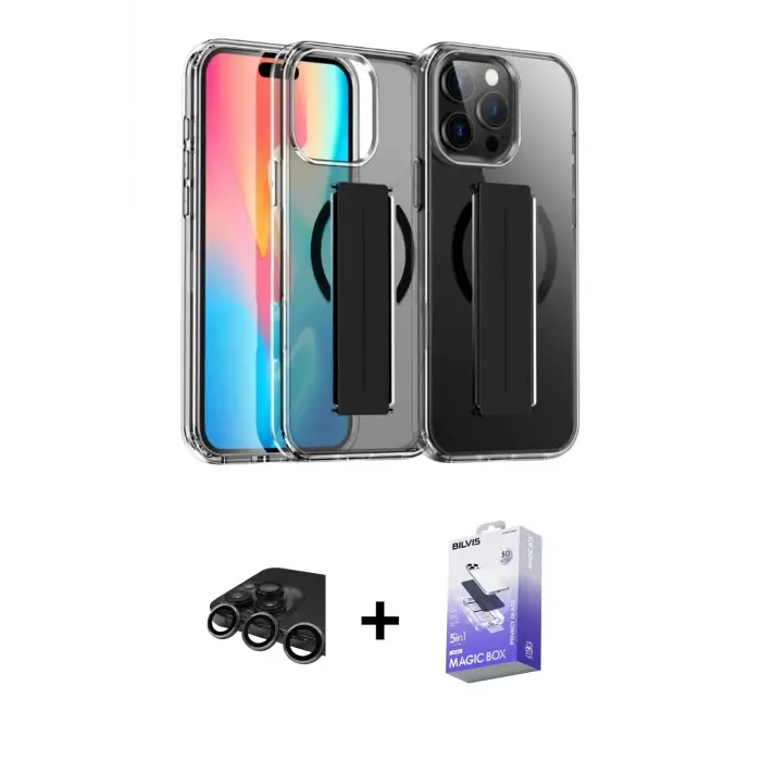 ieg™ iPhone 15 Pro Max Kılıf Nova Işık Koleksiyonu - Siyah Bilvis 5in1 5D Magic Hayalet Cam Ekran Koruyucu + Raze Metal Kamera Lens - TMGI