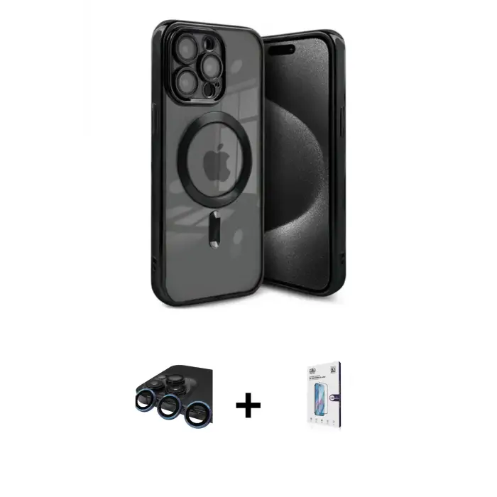 ieg™ iPhone 15 Pro Max Kılıf Nova Işık Özel Seri - Siyah Bilvis 0.18mm Plus Cam Ekran Koruyucu + Raze Metal Kamera Lens - LT