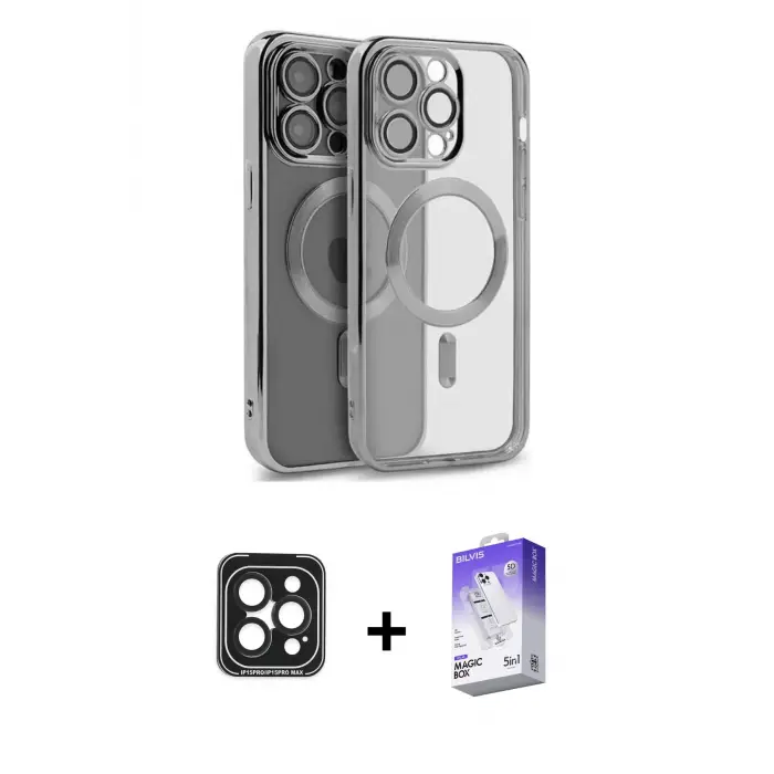 ieg™ iPhone 15 Pro Max Kılıf Nova Işık Özel Seri - Siyah Bilvis 5in1 3D Magic Cam Ekran Koruyucu + PVD Metal Kamera Lens - SH