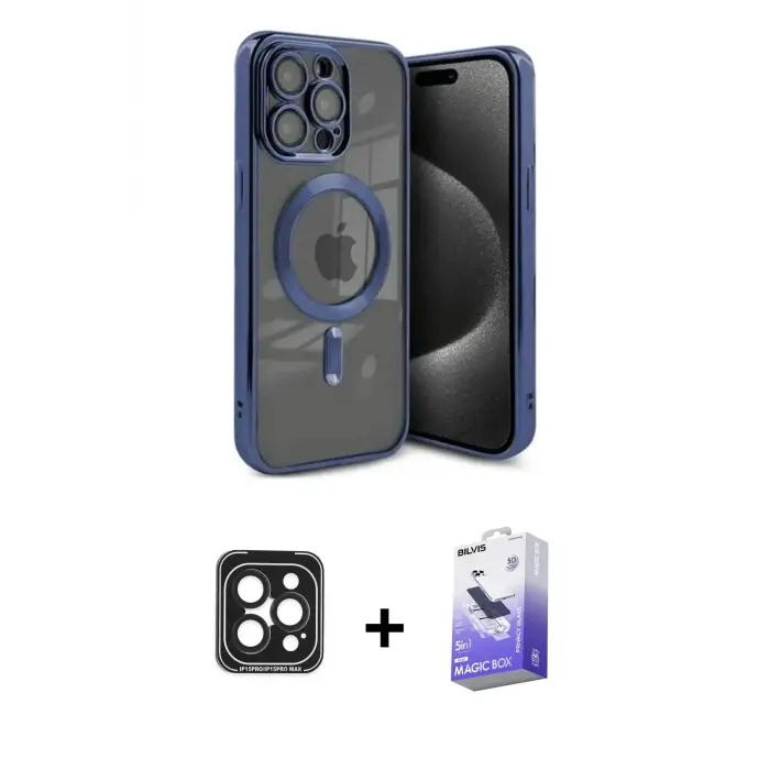 ieg™ iPhone 15 Pro Max Kılıf Nova Işık Özel Seri - Siyah Bilvis 5in1 5D Magic Hayalet Cam Ekran Koruyucu + PVD Metal Kamera Lens - SH