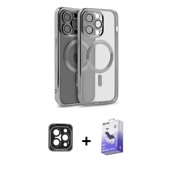 ieg™ iPhone 15 Pro Max Kılıf Nova Işık Özel Seri - Siyah Bilvis 5in1 5D Magic Hayalet Cam Ekran Koruyucu + PVD Metal Kamera Lens - SH
