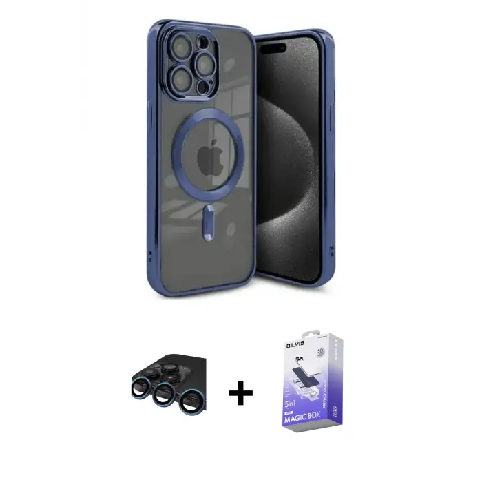 ieg™ iPhone 15 Pro Max Kılıf Nova Işık Özel Seri - Siyah Bilvis 5in1 5D Magic Hayalet Cam Ekran Koruyucu + Raze Metal Kamera Lens - LT