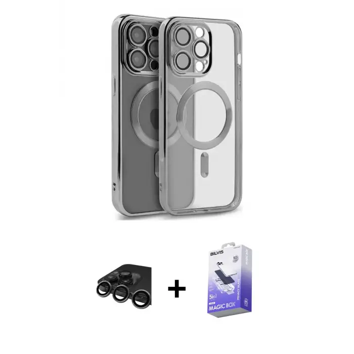 ieg™ iPhone 15 Pro Max Kılıf Nova Işık Özel Seri - Siyah Bilvis 5in1 5D Magic Hayalet Cam Ekran Koruyucu + Raze Metal Kamera Lens - TMGI
