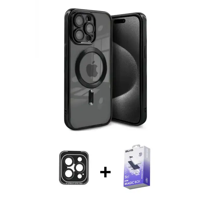 ieg™ iPhone 15 Pro Max Kılıf Nova Işık Özel Seri - Siyah Bilvis 5in1 5D Magic Hayalet Cam Ekran Koruyucu + PVD Metal Kamera Lens - SH