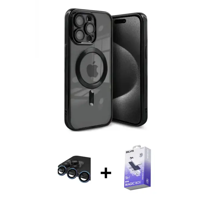 ieg™ iPhone 15 Pro Max Kılıf Nova Işık Özel Seri - Siyah Bilvis 5in1 5D Magic Hayalet Cam Ekran Koruyucu + Raze Metal Kamera Lens - LT