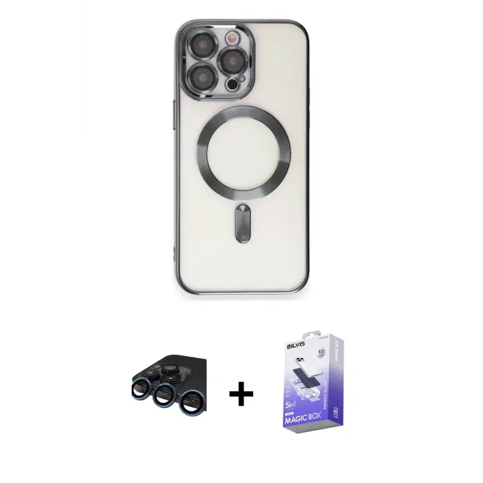 ieg™ iPhone 15 Pro Max Kılıf Nova Işık Özel Seri - Siyah Bilvis 5in1 5D Magic Hayalet Cam Ekran Koruyucu + Raze Metal Kamera Lens - LT