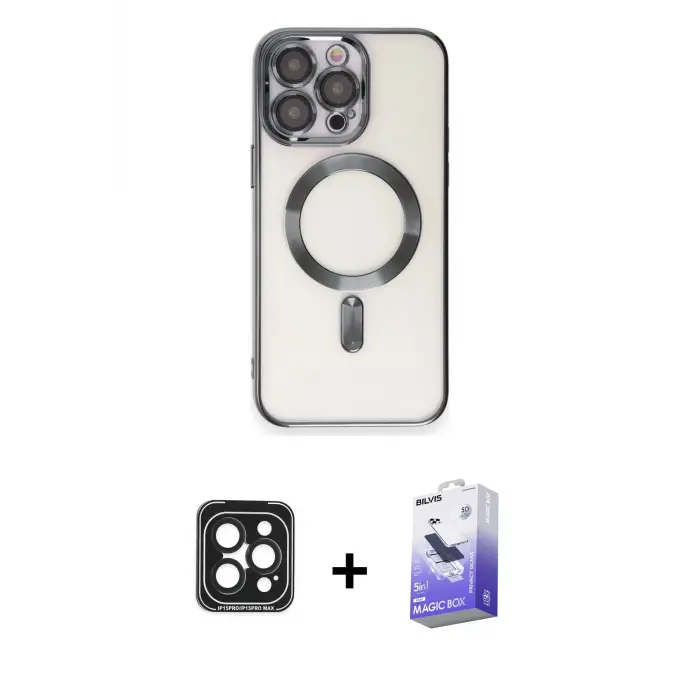 ieg™ iPhone 15 Pro Max Kılıf Nova Işık Özel Seri - Siyah Bilvis 5in1 5D Magic Hayalet Cam Ekran Koruyucu + PVD Metal Kamera Lens - SH