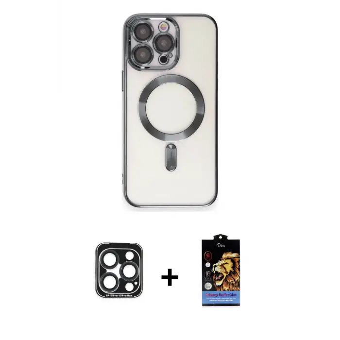 ieg™ iPhone 15 Pro Max Kılıf Nova Işık Özel Seri - Siyah Buffer Hayalet Cam Ekran Koruyucu + PVD Metal Kamera Lens - LT