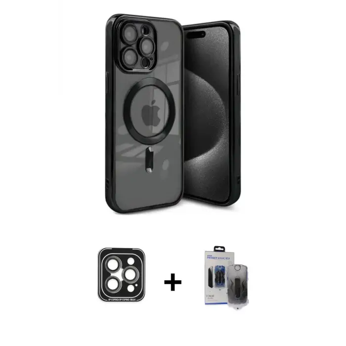 ieg™ iPhone 15 Pro Max Kılıf Nova Işık Özel Seri - Siyah Vanessa Magic Hayalet Cam + PVD Metal Kamera Lens - GI