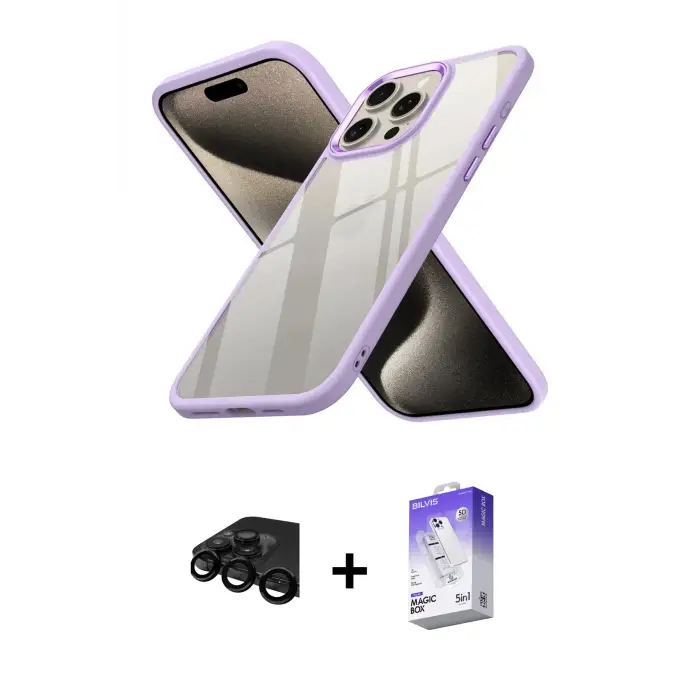 ieg™ iPhone 15 Pro Max Kılıf Nova Işık Serisi - Siyah Bilvis 5in1 3D Magic Cam Ekran Koruyucu + Raze Metal Kamera Lens - SH