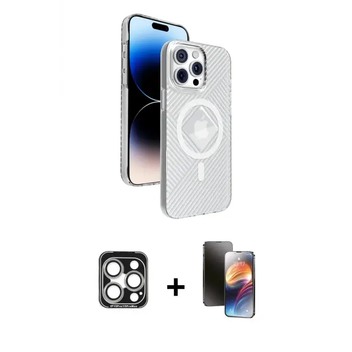 ieg™ iPhone 15 Pro Max Kılıf Nova Modern Prime - Siyah 3D Antistatik Mat Seramik Nano Ekran Koruyucu + PVD Metal Kamera Lens - GS