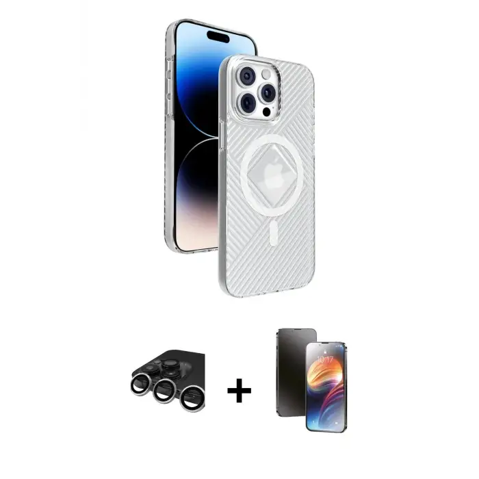 ieg™ iPhone 15 Pro Max Kılıf Nova Modern Prime - Siyah 3D Antistatik Mat Seramik Nano Ekran Koruyucu + Raze Metal Kamera Lens - GS