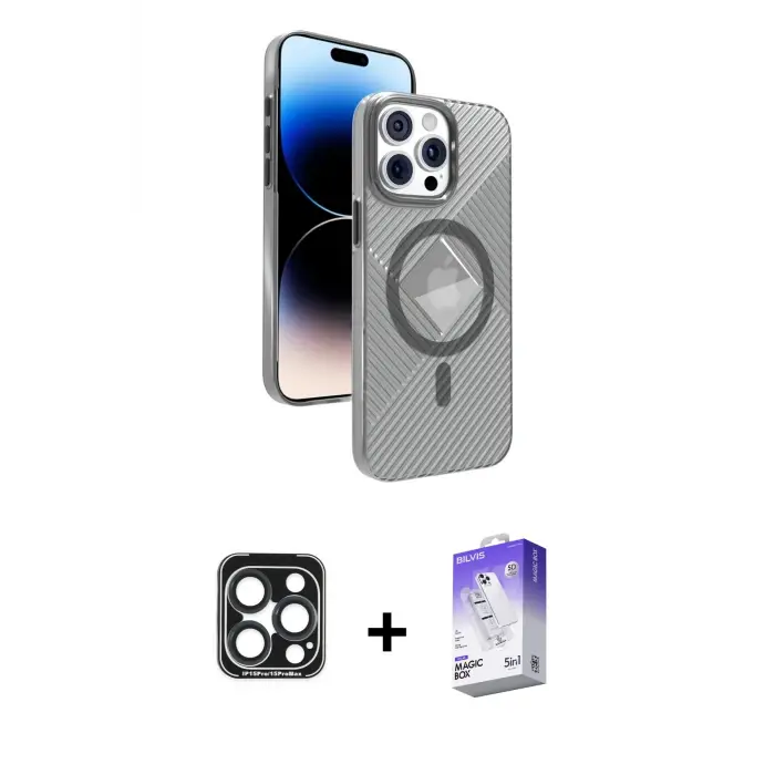 ieg™ iPhone 15 Pro Max Kılıf Nova Modern Prime - Siyah Bilvis 5in1 3D Magic Cam Ekran Koruyucu + PVD Metal Kamera Lens - LT