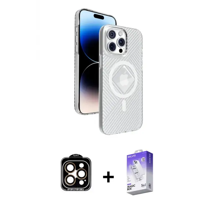 ieg™ iPhone 15 Pro Max Kılıf Nova Modern Prime - Siyah Bilvis 5in1 3D Magic Cam Ekran Koruyucu + PVD Metal Kamera Lens - TU