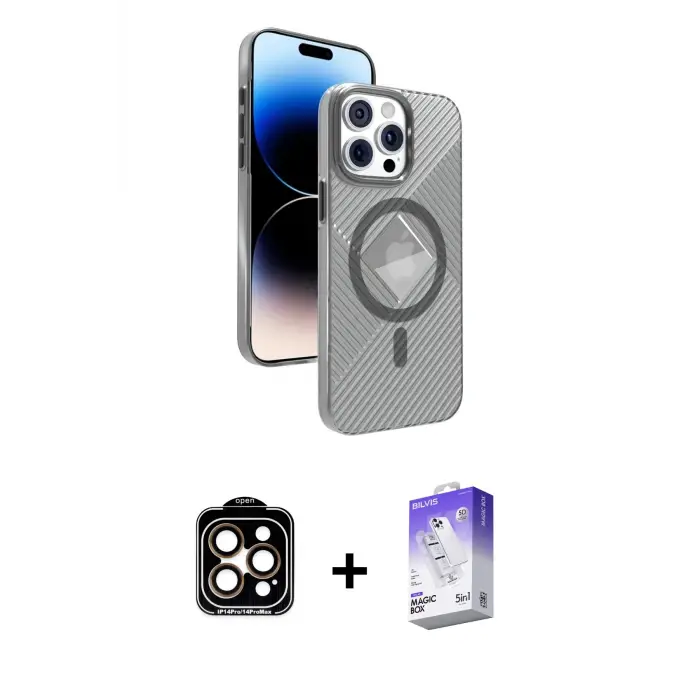 ieg™ iPhone 15 Pro Max Kılıf Nova Modern Prime - Siyah Bilvis 5in1 3D Magic Cam Ekran Koruyucu + PVD Metal Kamera Lens - TU