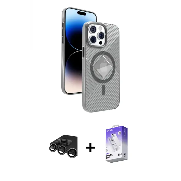 ieg™ iPhone 15 Pro Max Kılıf Nova Modern Prime - Siyah Bilvis 5in1 3D Magic Cam Ekran Koruyucu + Raze Metal Kamera Lens - TMGI