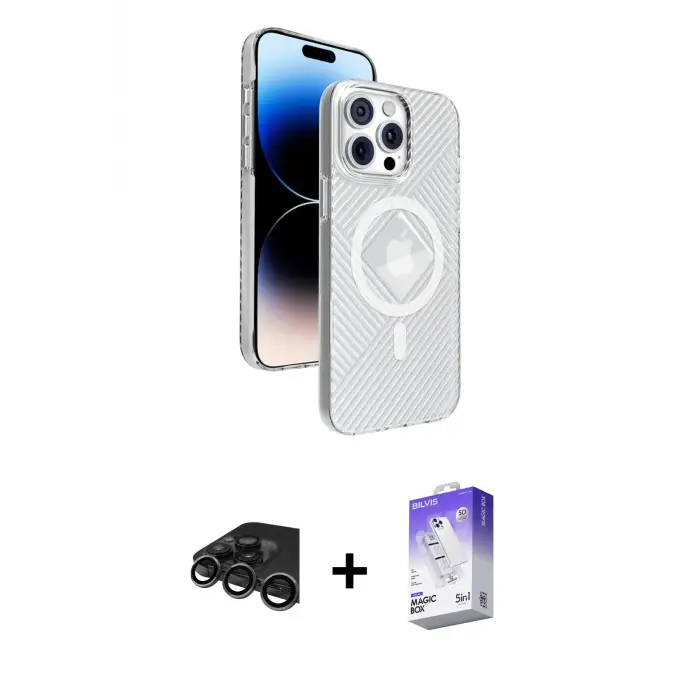 ieg™ iPhone 15 Pro Max Kılıf Nova Modern Prime - Siyah Bilvis 5in1 3D Magic Cam Ekran Koruyucu + Raze Metal Kamera Lens - TMGI