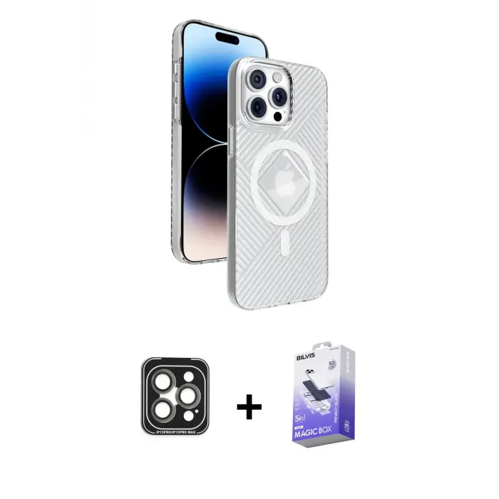 ieg™ iPhone 15 Pro Max Kılıf Nova Modern Prime - Siyah Bilvis 5in1 5D Magic Hayalet Cam Ekran Koruyucu + PVD Metal Kamera Lens - GI