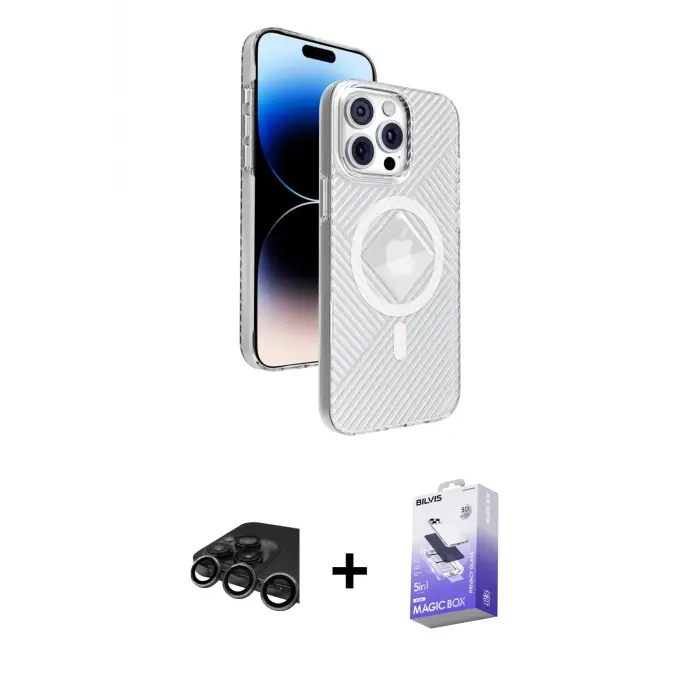 ieg™ iPhone 15 Pro Max Kılıf Nova Modern Prime - Siyah Bilvis 5in1 5D Magic Hayalet Cam Ekran Koruyucu + Raze Metal Kamera Lens - TMGI