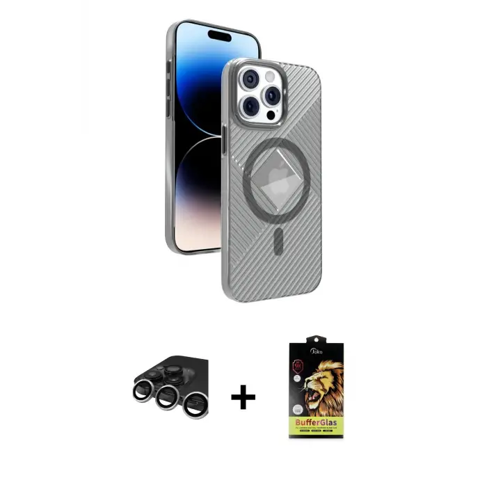 ieg™ iPhone 15 Pro Max Kılıf Nova Modern Prime - Siyah Buffer Cam Ekran Koruyucu + Raze Metal Kamera Lens - GS