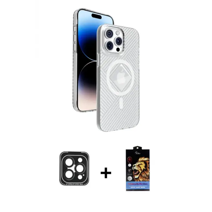 ieg™ iPhone 15 Pro Max Kılıf Nova Modern Prime - Siyah Buffer Hayalet Cam Ekran Koruyucu + PVD Metal Kamera Lens - SH