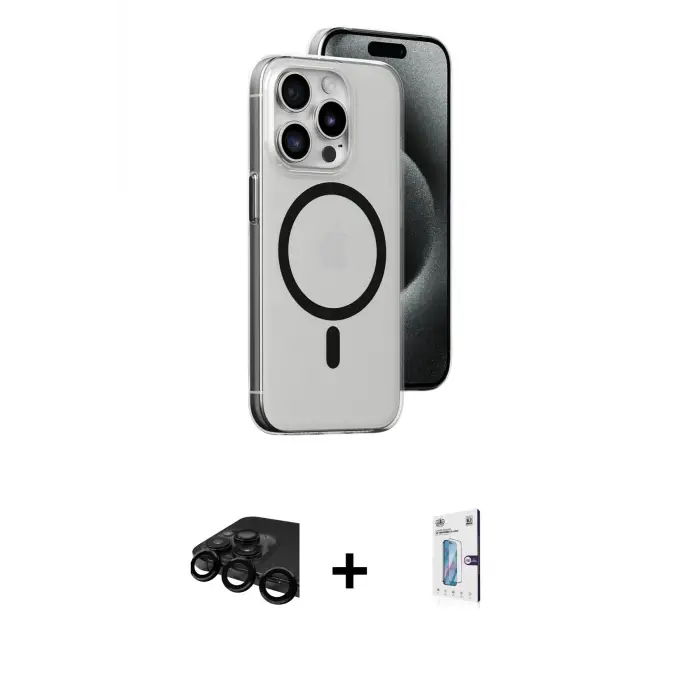 ieg™ iPhone 15 Pro Max Kılıf Odak Form Özel Seri - Siyah Bilvis 0.18mm Plus Cam Ekran Koruyucu + Raze Metal Kamera Lens - SH