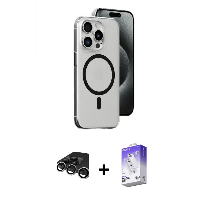 ieg™ iPhone 15 Pro Max Kılıf Odak Form Özel Seri - Siyah Bilvis 5in1 3D Magic Cam Ekran Koruyucu + Raze Metal Kamera Lens - GS