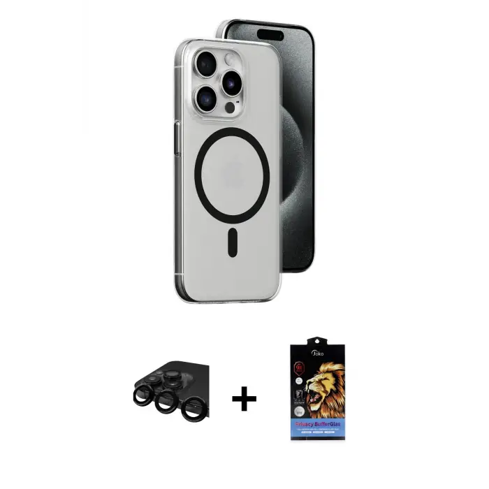 ieg™ iPhone 15 Pro Max Kılıf Odak Form Özel Seri - Siyah Buffer Hayalet Cam Ekran Koruyucu + Raze Metal Kamera Lens - SH