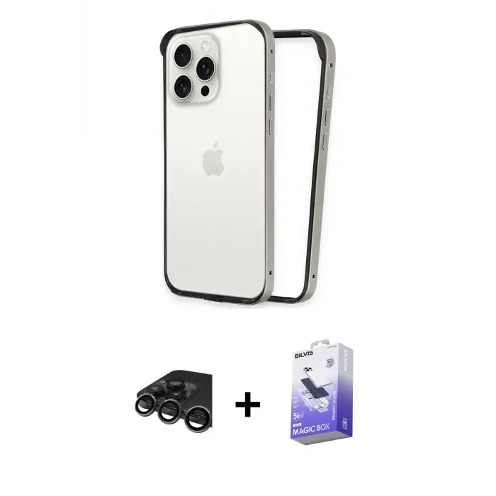 ieg™ iPhone 15 Pro Max Kılıf Pusula Asil Koleksiyonu - Siyah Bilvis 5in1 5D Magic Hayalet Cam Ekran Koruyucu + Raze Metal Kamera Lens - TMGI