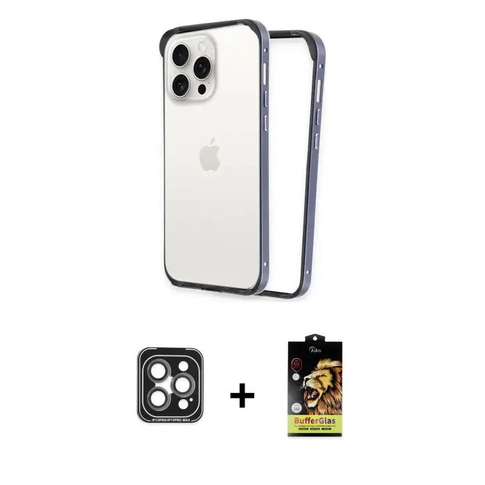 ieg™ iPhone 15 Pro Max Kılıf Pusula Asil Koleksiyonu - Siyah Buffer Cam Ekran Koruyucu + PVD Metal Kamera Lens - GI