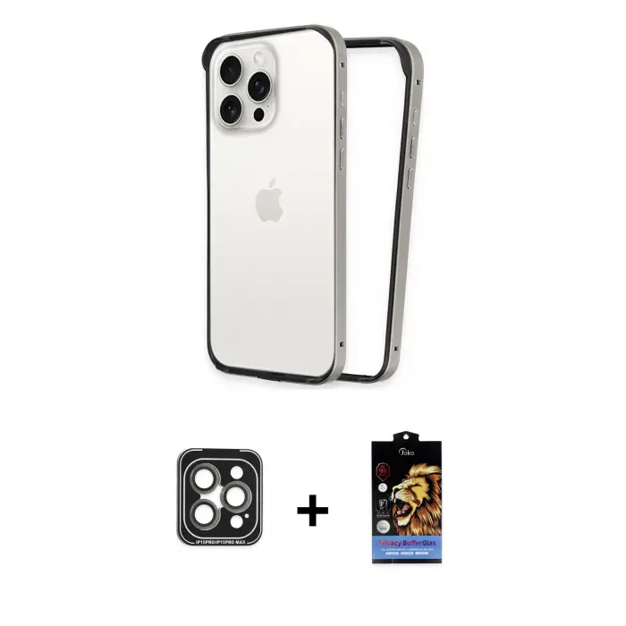 ieg™ iPhone 15 Pro Max Kılıf Pusula Asil Koleksiyonu - Siyah Buffer Hayalet Cam Ekran Koruyucu + PVD Metal Kamera Lens - GI