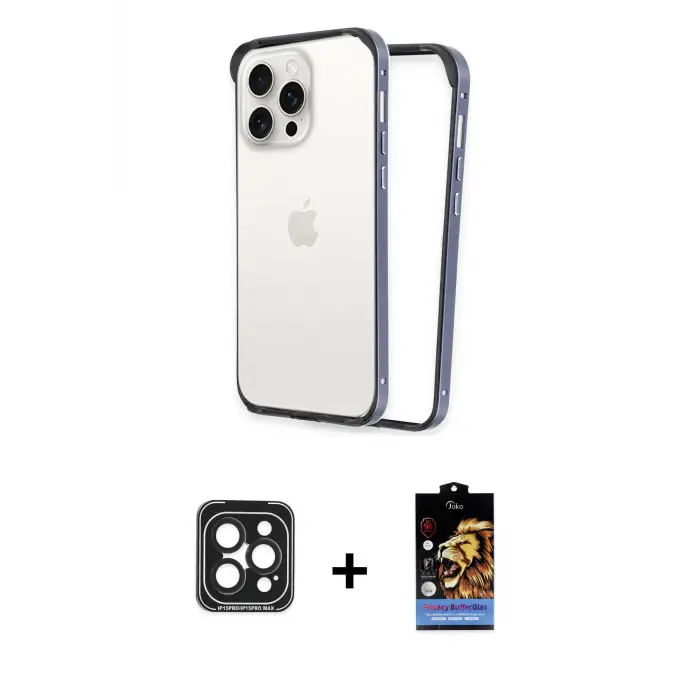 ieg™ iPhone 15 Pro Max Kılıf Pusula Asil Koleksiyonu - Siyah Buffer Hayalet Cam Ekran Koruyucu + PVD Metal Kamera Lens - SH