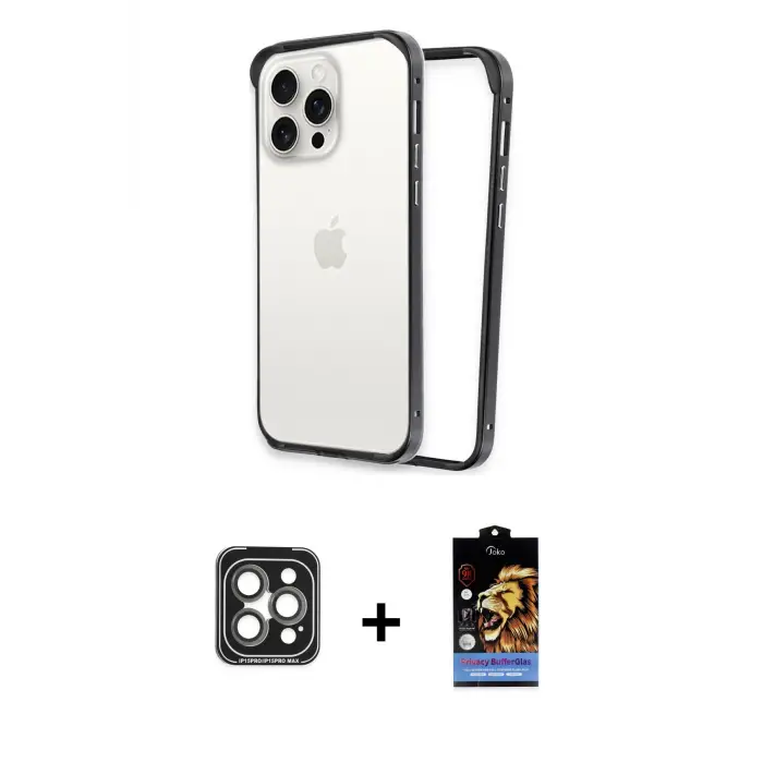 ieg™ iPhone 15 Pro Max Kılıf Pusula Asil Koleksiyonu - Siyah Buffer Hayalet Cam Ekran Koruyucu + PVD Metal Kamera Lens - GI