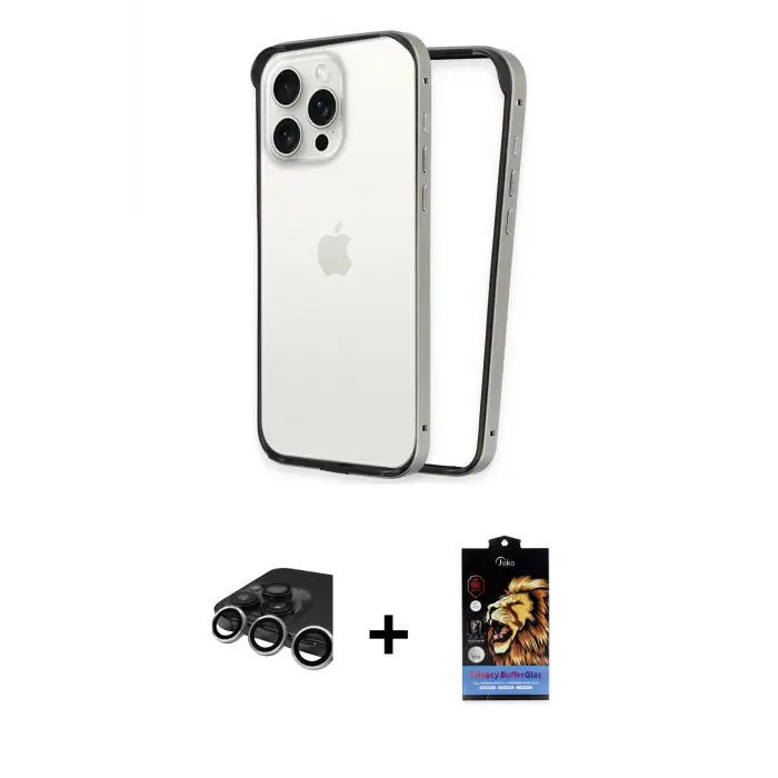 ieg™ iPhone 15 Pro Max Kılıf Pusula Asil Koleksiyonu - Siyah Buffer Hayalet Cam Ekran Koruyucu + Raze Metal Kamera Lens - GS