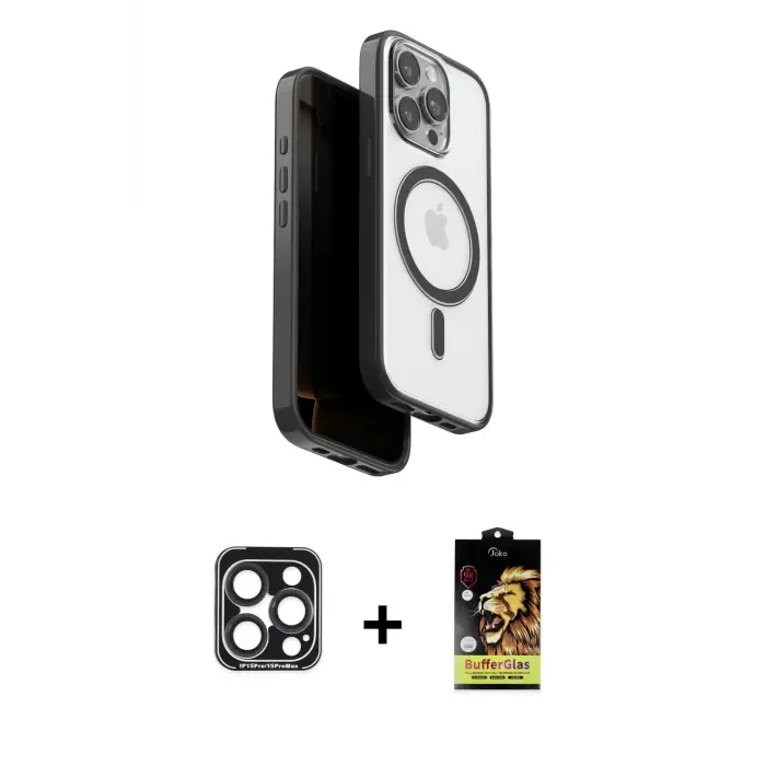 ieg™ iPhone 15 Pro Max Kılıf Pusula Form Serisi - Siyah Buffer Cam Ekran Koruyucu + PVD Metal Kamera Lens - LT