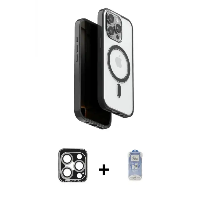 ieg™ iPhone 15 Pro Max Kılıf Pusula Form Serisi - Siyah Joko Magic 5D Cam + PVD Metal Kamera Lens - GS