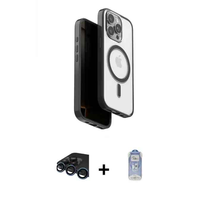 ieg™ iPhone 15 Pro Max Kılıf Pusula Form Serisi - Siyah Joko Magic 5D Cam + Raze Metal Kamera Lens - LT