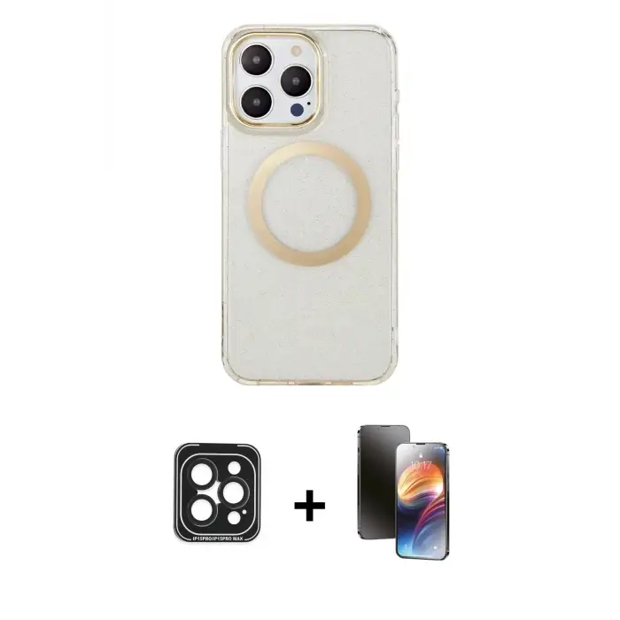 ieg™ iPhone 15 Pro Max Kılıf Pusula Form - Siyah 3D Antistatik Mat Seramik Nano Ekran Koruyucu + PVD Metal Kamera Lens - SH