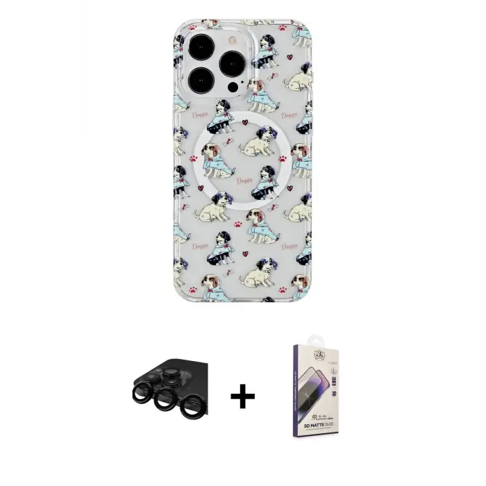ieg™ iPhone 15 Pro Max Kılıf Pusula Form - Siyah Bilvis 3D Mat Cam Ekran Koruyucu + Raze Metal Kamera Lens - SH