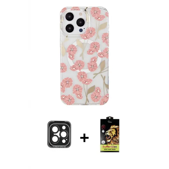 ieg™ iPhone 15 Pro Max Kılıf Pusula Form - Siyah Buffer Cam Ekran Koruyucu + PVD Metal Kamera Lens - SH